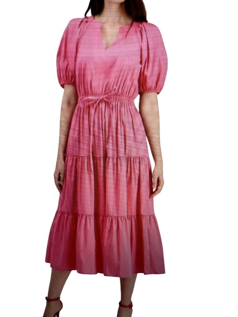 ANNE KLEIN PETITE TIERED PUFF-SLEEVE SPLI CARMINE ROSE PL NWT